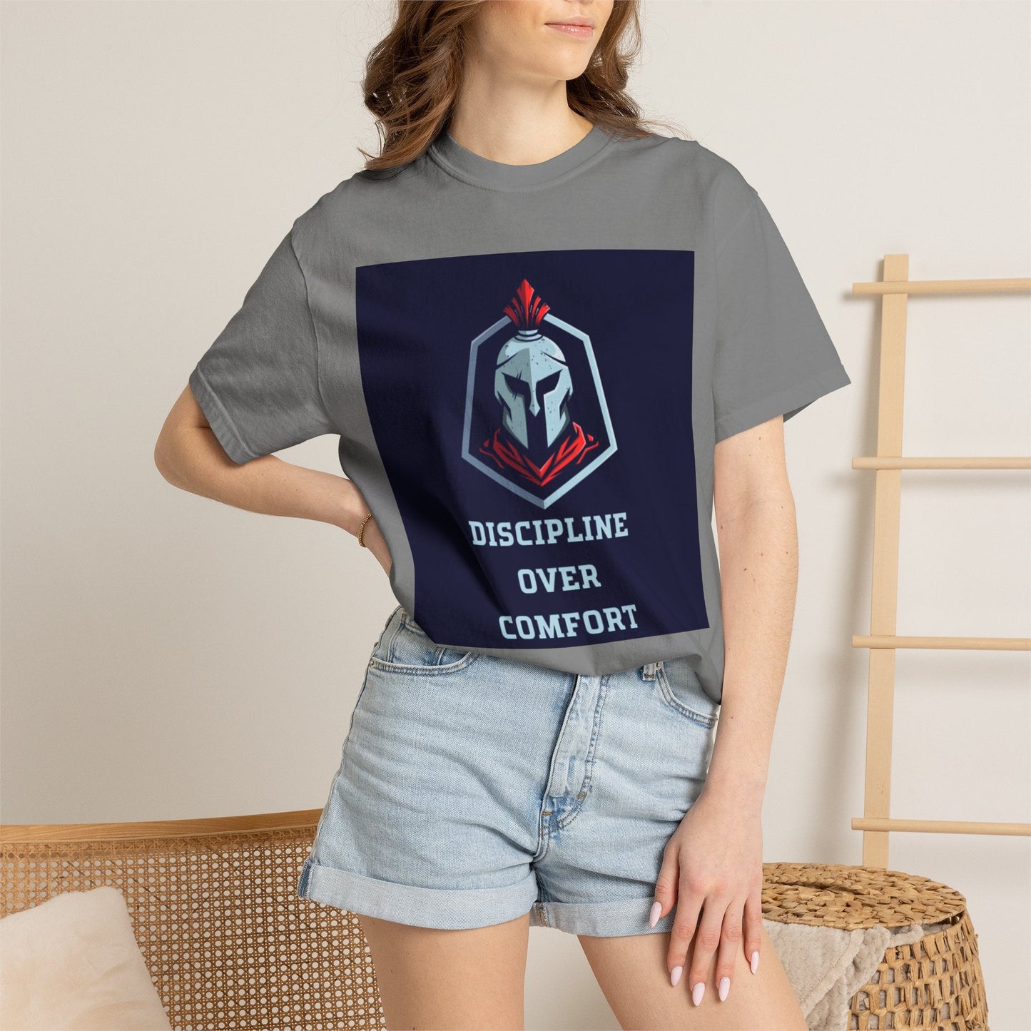 Discipline Over Comfort T-Shirt — Spartan Helmet Motivational Tee Printify