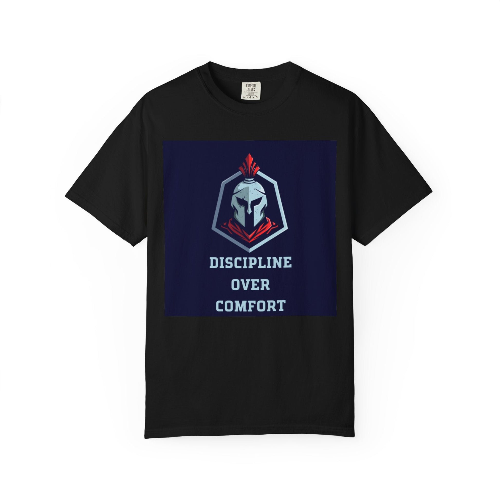 Discipline Over Comfort T-Shirt — Spartan Helmet Motivational Tee Printify