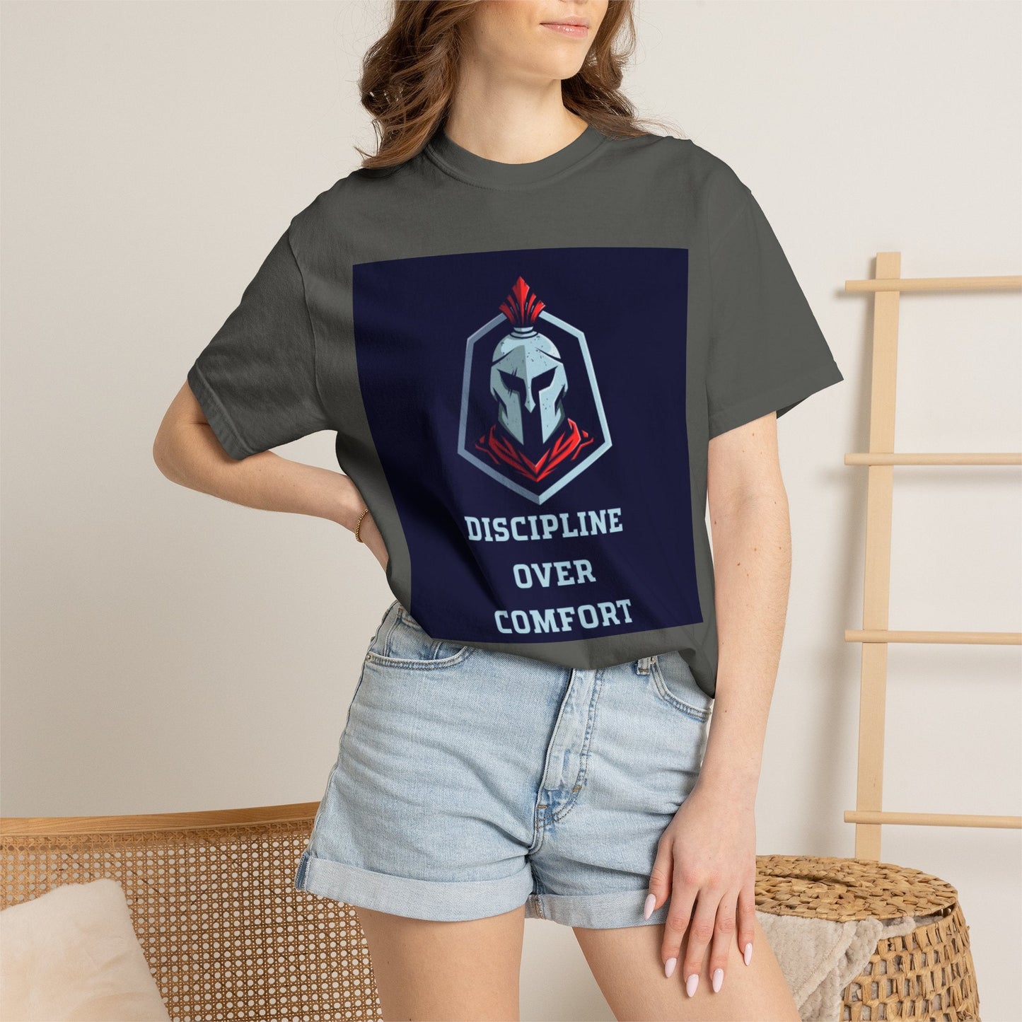 Discipline Over Comfort T-Shirt — Spartan Helmet Motivational Tee Printify