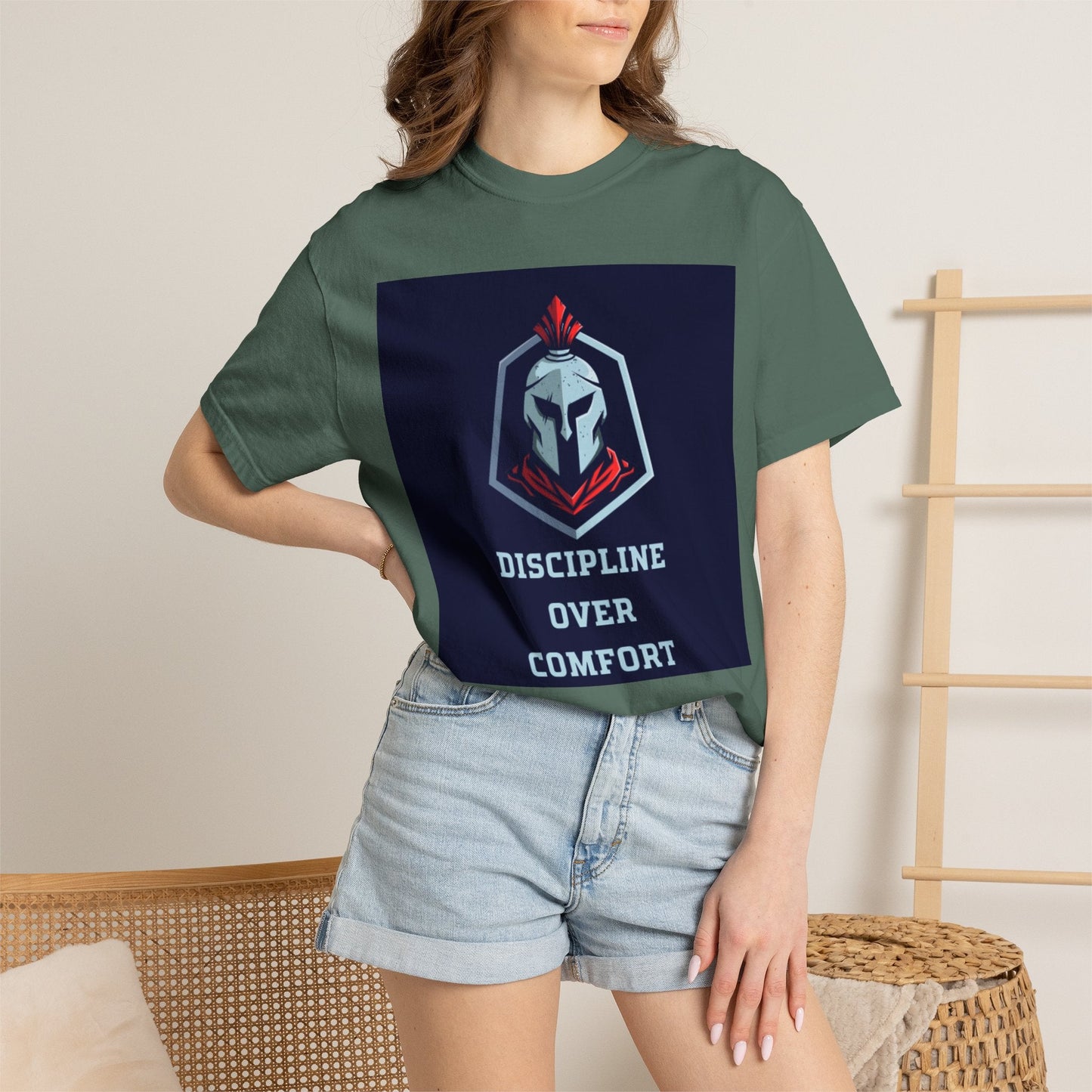 Discipline Over Comfort T-Shirt — Spartan Helmet Motivational Tee Printify