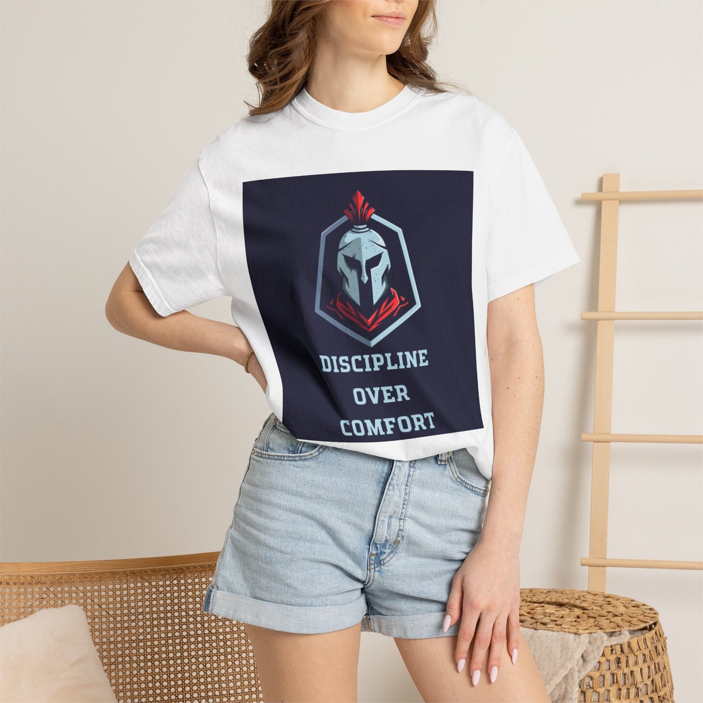 Discipline Over Comfort T-Shirt — Spartan Helmet Motivational Tee Printify