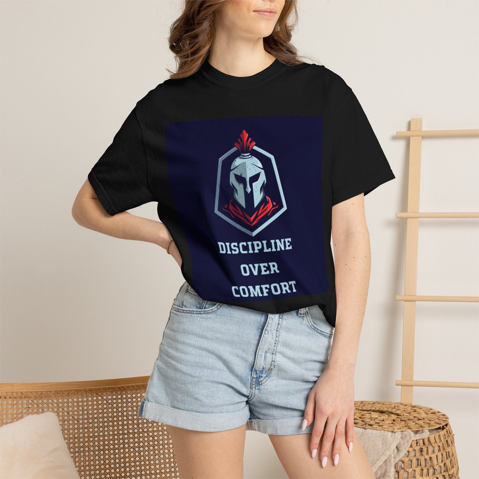 Discipline Over Comfort T-Shirt — Spartan Helmet Motivational Tee Printify