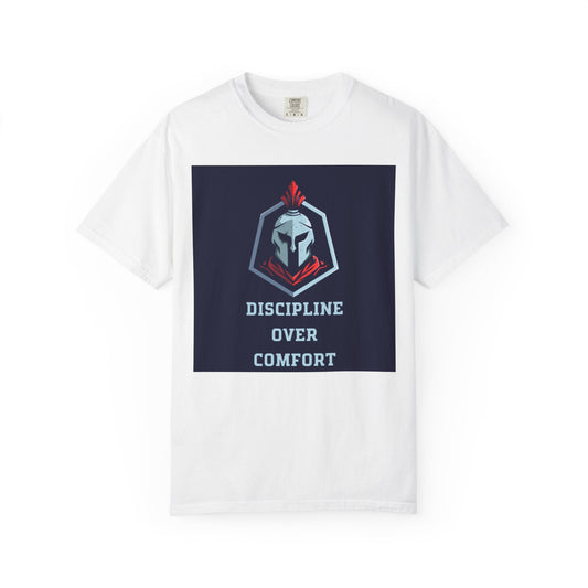 Discipline Over Comfort T-Shirt — Spartan Helmet Motivational Tee Printify